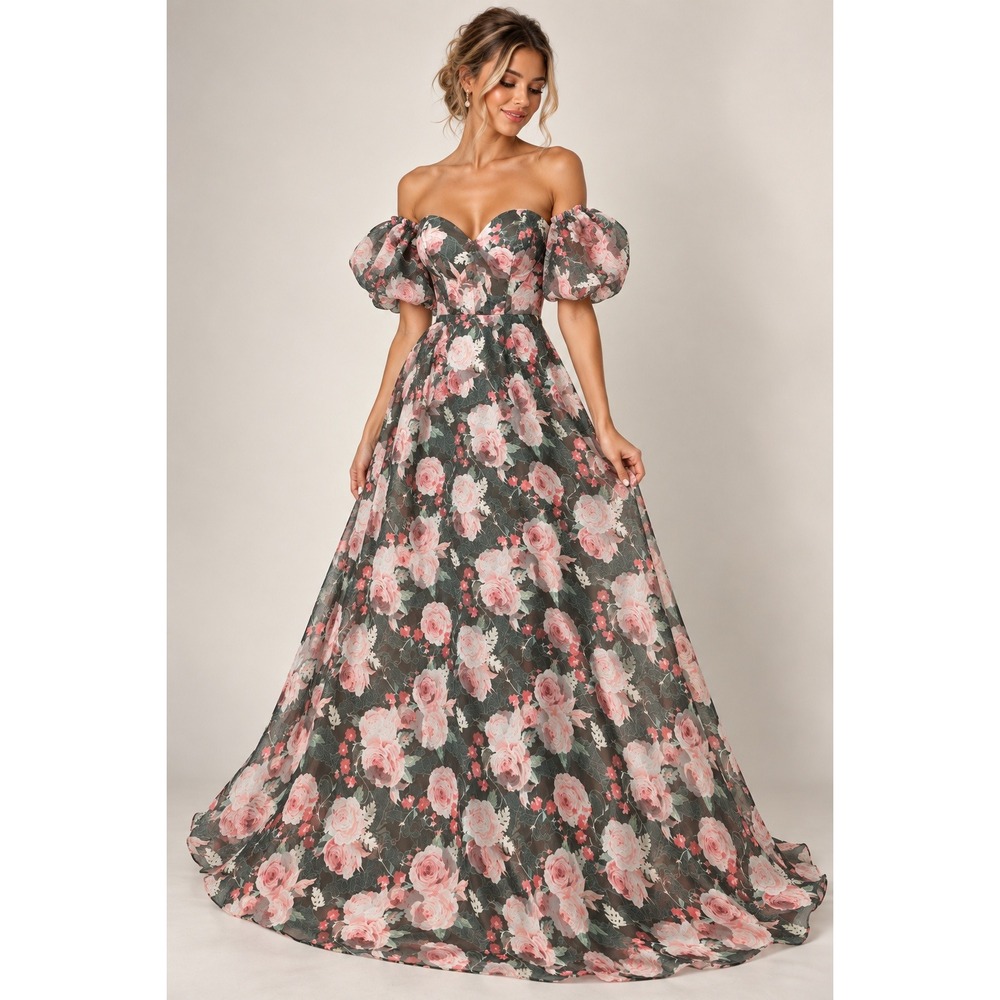 FAERIESTY Floral Puff Sleeve Corset Homecoming Dress Olive Pink Gown XL Fairy